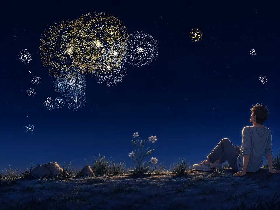 Una persona joven contempla un cielo nocturno donde miles de puntos forman agrupaciones luminosas